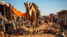 A Caravan Travels The Desert, The Camels Rest When They Reach Their Destination