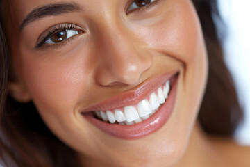 Wall Mural - Close-up of smiling woman with flawless skin. Beauty and skincare.