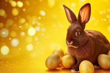 Wall Mural - A chocolate brown Easter bunny with twinkling, amber eyes, surrounded by golden eggs on a bright, honey yellow background.