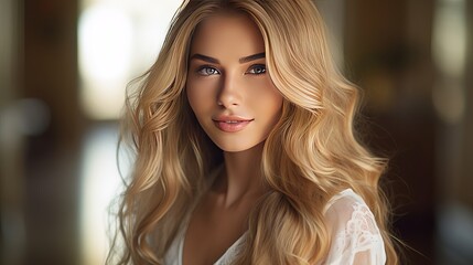 Wall Mural - Portrait of wonderful young blonde woman with long hair looking at camera, smiling