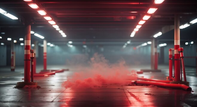 Underground parking lot with red smoke and tube lights