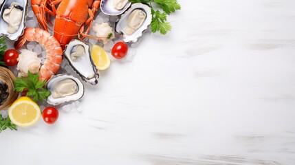 Wall Mural - Seafood on a white wooden background. Fresh fish, shrimp, oysters and caviar. Top view. Free copy space