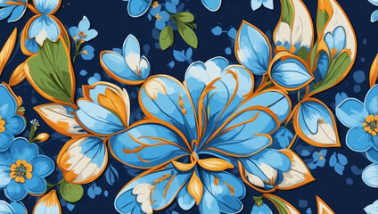 Wall Mural - Charming forget-me-not floral seamless background, Geometric ethnic oriental ikat pattern, ideal for wallpaper and fabric. Vector illustration with traditional embroidery style.