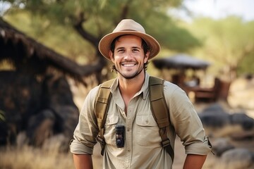 Canvas Print - Portrait of a happy young man in safari outfit smiling at camera