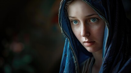 Mother Mary. Portrait of a beautiful young woman with blue eyes in a veil.  Biblical character.