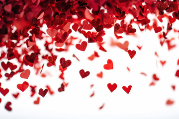 Wall Mural - Falling red heart confetti on white background. Valentine's Day celebration.