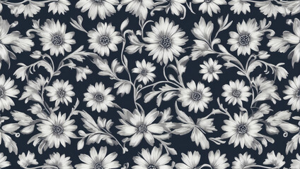 Wall Mural - Dainty daisy floral seamless background, Geometric ethnic oriental ikat pattern, suitable for wallpaper and fabric. Vector illustration in traditional embroidery style.