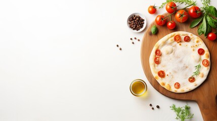 Wall Mural - Wooden pizza board and pizza cooking ingredients on white concrete background. Table top view. Copy space for text, recipe, restaurant or cafe menu