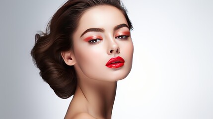 Wall Mural - Young attractive woman face over isolated white background,send kiss,with red lips,amazing woman,hairstyle after salon,beauty face,party make-up,summer accessories,perfect bronze tan skin,lovely face