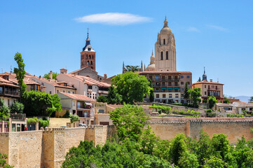 Wall Mural - Segovia old town cityscape with medieval cathedral and town wall, Spain