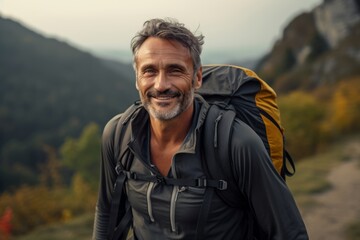 Poster - Portrait of a happy mature man with a backpack standing on a mountain trail.