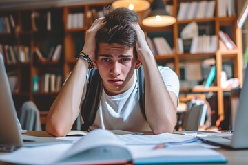 young tired and stressed student doing school homework at home