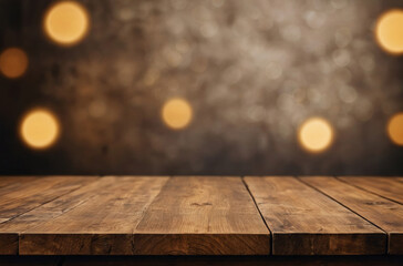 Poster - wooden table with bokeh lights