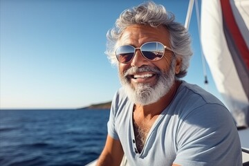 Poster - Portrait of a happy senior man on a sailboat at sea