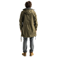 Standing young guy in parka. Rear view people collection. backside view of person