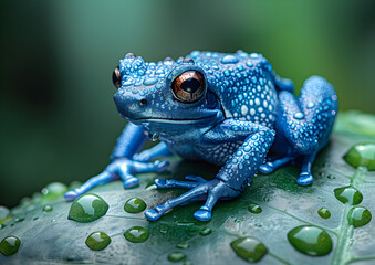 Blue Poison Dart Frog on Leaf with Dew Drops