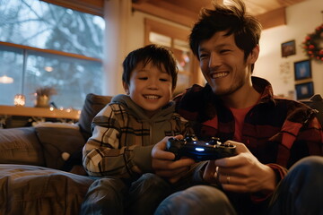 father and son playing game on console at home