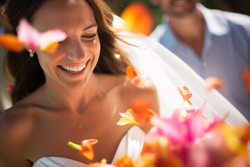 Wall Mural - Happy smiling bride with flowers on wedding day