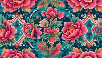  Vivid peony-inspired seamless pattern, Geometric ethnic oriental ikat design for background, carpet, and wrapping. Vector illustration with a touch of embroidery style.