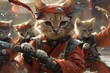 a team of ninja cats stealthily infiltrating a rival dog clan's dojo to steal the ancient Scroll of Feline Wisdom, employing acrobatic moves and deadly precision to outsmart their canine adversaries