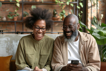 Wall Mural - Happy retired family couple using mobile phone for video call