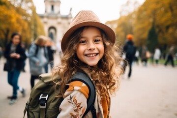 Poster - Portrait of a cute smiling little girl with backpack in Paris, France