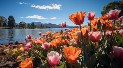 Wall Mural - Champs de fleur, de tulipe, au bord d'un lac. Paysage de printanier. Fleurs colorées, ciel bleu. Printemps et été. Pour conception et création graphique