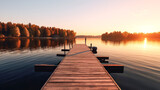 Fototapeta  - A serene lakeside scene at dusk as smoke drifts over the calm waters