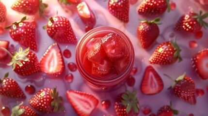 Wall Mural - Strawberry jam in glass jar on a pink background with fresh ripe strawberries laid out around. Natural food nutrition winter preserve