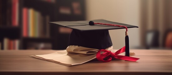 graduation hat with red ribbon on beige table