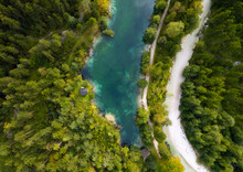 Aerial Drone Top View Of Emerald Blue Lake Bluntausee, Golling An Der Salzach, Salzburg, Austria.