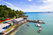 Aerial Drone View Of Small Boat Port, Wewak, East Sepik Province, Papua New Guinea.