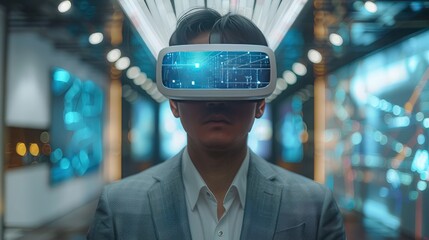 Canvas Print - Businessman using vr glasses in modern office, white digital network lines hologram, wearing suit and white shirt, 4k