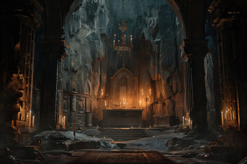 Poster - A secret chamber in the mountains. A scenery for an adventurous quest. Background image. Created with Generative AI technology.