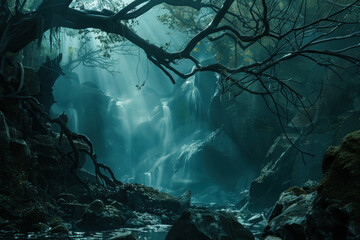 Poster - Waterfall in the mountains. A scenery for an adventurous quest. Background image. Created with Generative AI technology.