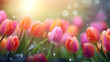 Champ de tulipes de toutes les couleurs. Nature, fleur, printemps, été. Arrière-plan pour conception et création graphique.