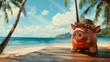 A pink piggy bank with a sun hat in the foreground, while a blurred image of a tropical beach appears in the background. Visual composition of dream trip and vacation financial aspirations.