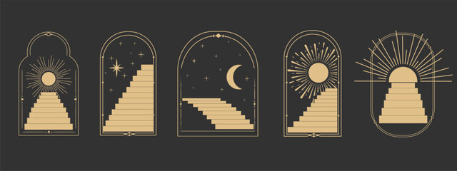 Wall Mural - set arch window line frame celestial, mystic with staircase, astrology symbols moon and sun, line bo