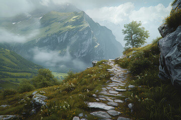 Poster - Landscape with lake and mountains. A scenery for an adventurous quest. Background image. Created with Generative AI technology.