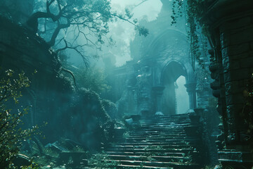 Poster - Old castle ruin. A scenery for an adventurous quest. Background image. Created with Generative AI technology.