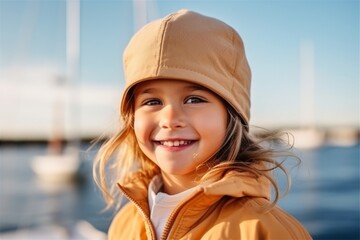 Wall Mural - Adorable little girl on a sailing boat at sea. Selective focus.