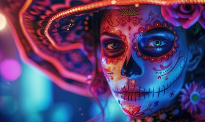 Wall Mural - Day of the Dead. Beautiful female model face in traditional costume