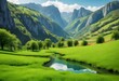 Majestic view of beautiful lush green valley with trees and colorful grass against picturesque high mountains in asturias in spain. AI generated