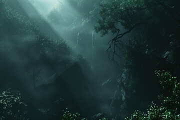 Poster - Fog in the forest. A scenery for an adventurous quest. Background image. Created with Generative AI technology.