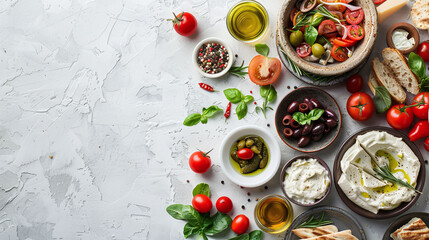 Wall Mural - Mediterranean cuisine ingredients with tomatoes, olives, various cheeses, olive oil, and herbs on textured white background. Flat lay composition with place for text. Healthy eating and cooking concep