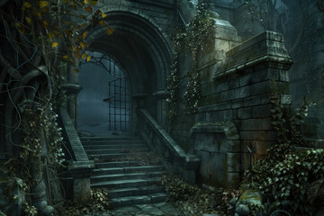Poster - Old abandoned castle. A scenery for an adventurous quest. Background image. Created with Generative AI technology.