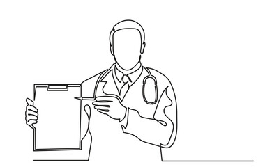 Continuous line drawing of male doctor pointing clipboard by pen. Single line drawing doctor showing patient report. doctor with stethoscope vector illustration.