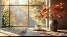 Daylight Saving Time Concept At Sunrise,  Enjoying Coffee As Near The Window With Leaves, On A Wooden Floor In The Living Room, Videos.