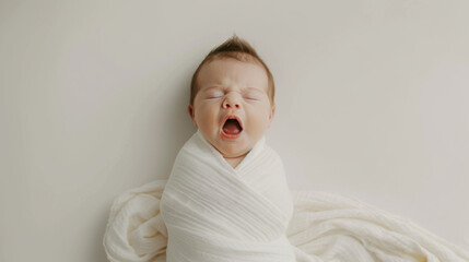 Sticker - yawning baby is wrapped snugly in a white blanket, lying on a textured white blanket.