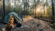 Tent and dog in the forest